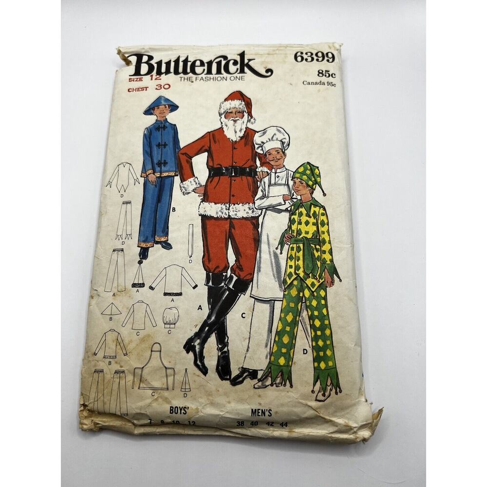 Vintage 1960s 1970s Sewing Pattern Santa Chef Joker Costume Butterick 6399